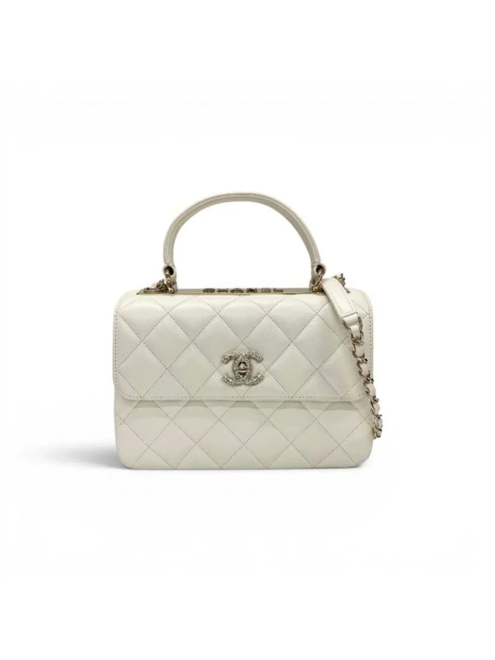 Chanel Trendy CC Shoulder Bag White Gold CC Logo Turnlock Rhinestone Chain 2-Way